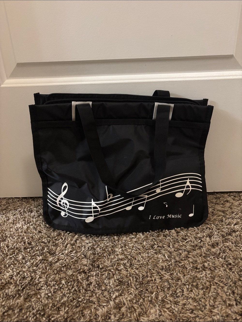 Black Music Note Tote Bag with White Musical Print